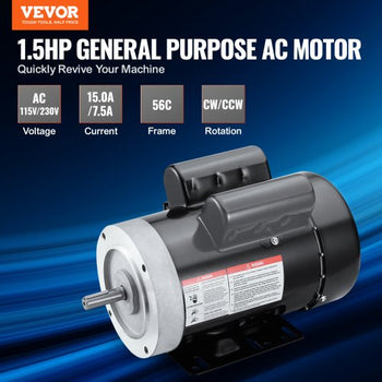 1.5HP Electric Motor 3450 rpm, AC 115V/230V, 56C Frame, Air Compressor Motor Single Phase, 5/8" Keyed Shaft, CW/CCW Rotation for Agricultural Machinery and General Equipment