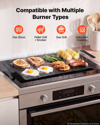 Carbon Steel Griddle 20x10 in Flat Top Pre-Seasoned Plate Handle, for BBQ Eggs Burgers, Non-Stick, Portable Rectangular Family Cookware with Meat Press, for Outdoor Gas Grill/Stove, Induction