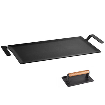 Carbon Steel Griddle 20x10 in Flat Top Pre-Seasoned Plate Handle, for BBQ Eggs Burgers, Non-Stick, Portable Rectangular Family Cookware with Meat Press, for Outdoor Gas Grill/Stove, Induction
