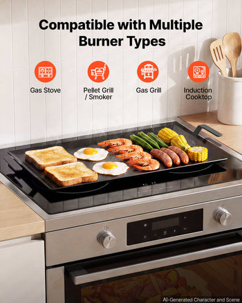 Carbon Steel Griddle 17x9 in Flat Top Pre-Seasoned Plate Handle, for BBQ Eggs Burgers, Non-Stick, Portable Rectangular Family Cookware with Meat Press, for Outdoor Gas Grill/Stove, Induction