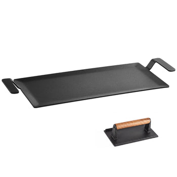 Carbon Steel Griddle 17x9 in Flat Top Pre-Seasoned Plate Handle, for BBQ Eggs Burgers, Non-Stick, Portable Rectangular Family Cookware with Meat Press, for Outdoor Gas Grill/Stove, Induction