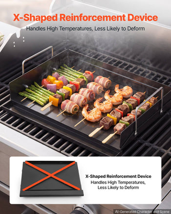 Carbon Steel Griddle 17x11 inch Flat Top Pre-Seasoned Plate Handle, for BBQ Eggs Burger, Even Heat Distribution, Non-Stick Portable Rectangular Family Cookware for Outdoor Gas Grill/Stove, Oven
