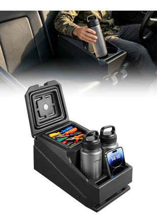 UTV Center Console Bench Seat Box Lockable Armrest Storage Box, HDPE Central Console Tools Organizer with Cups and Phone Holder - Compatible with Polaris Ranger & 2017-2026 Can-Am Defender