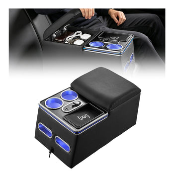 Universal Rear Bench Seat Center Console with 7-Color Ambient Lights, Wireless/USB/Cigarette Lighter Charging, Back Seat Central Console Organizer with Cup & Phone Holders for MPV, Sedan, SUV