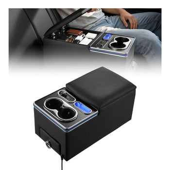 Universal Rear Bench Seat Center Console with 7-Color Ambient Lights, USB/Type-C/Cigarette Lighter Charging, Back Seat Central Console Organizer with Cup & Phone Holders for MPV, Sedan, SUV