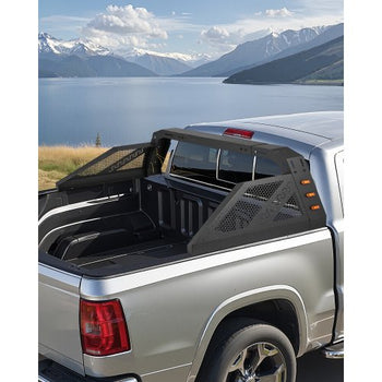 Truck Bed Roll Bar, Universal Pickup Sport Adjustable Bar Chase Rack Compatible with Full-Size Truck, Carbon Steel Construction with 6 Amber Auxiliary Lights, No Rack Included