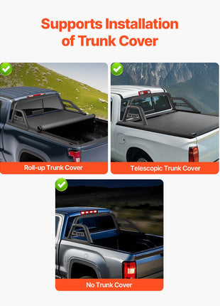 Truck Bed Roll Bar, Universal Pickup Sport Adjustable Bar Chase Rack Compatible with Full-Size Truck, Carbon Steel Construction with Extension Light Bracket, No Rack Included