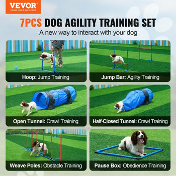 Dog Agility Training Equipment, 7 PCS Set w/ Adjustable High Hurdles,6 Weave Poles,2 Tunnels,Jump Ring,Pause Box,Whistle,Foldable Bowl,Puppy Obstacle Course Kit w/ 3 Bags