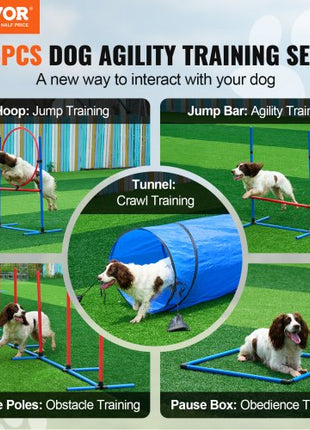 Dog Agility Training Equipment, 5 PCS Set with Adjustable High Hurdles,6 Weave Poles, Tunnel, Jump Ring, Pause Box, Whistle, Foldable Bowl, Puppy Obstacle Course Kit with Storage Bags