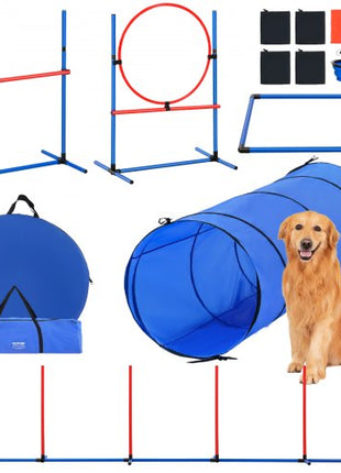 Dog Agility Training Equipment, 5 PCS Set with Adjustable High Hurdles,6 Weave Poles, Tunnel, Jump Ring, Pause Box, Whistle, Foldable Bowl, Puppy Obstacle Course Kit with Storage Bags