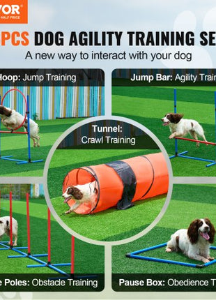 Dog Agility Training Equipment, 5 PCS Set Upgrade with Adjustable High Hurdles,6 Weave Poles,Extended Tunnel,Jump Ring,Pause Box,Whistle,Foldable Bowl,Puppy Obstacle Course Kit with Storage Bag