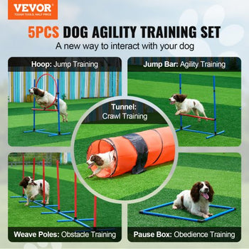 Dog Agility Training Equipment, 5 PCS Set Upgrade with Adjustable High Hurdles,6 Weave Poles,Extended Tunnel,Jump Ring,Pause Box,Whistle,Foldable Bowl,Puppy Obstacle Course Kit with Storage Bag