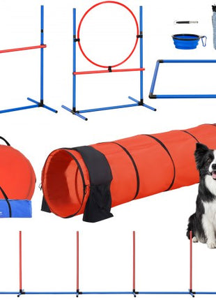 Dog Agility Training Equipment, 5 PCS Set Upgrade with Adjustable High Hurdles,6 Weave Poles,Extended Tunnel,Jump Ring,Pause Box,Whistle,Foldable Bowl,Puppy Obstacle Course Kit with Storage Bag