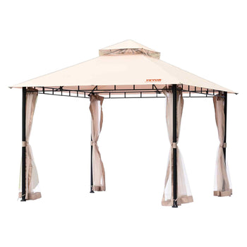 Cream outdoor gazebo with a steel frame and sheer beige curtains, perfect for patio or garden shading.