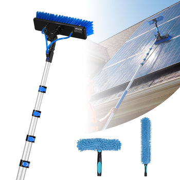 Solar Panel Cleaning Kit, 26 ft, Water Fed Pole Kit with Cleaning Brush, Soap Dispenser, Extendable Aluminum Telescopic Pole, 180° Rotatable Brush Head, for Roof Mounted Solar Panels, Windows