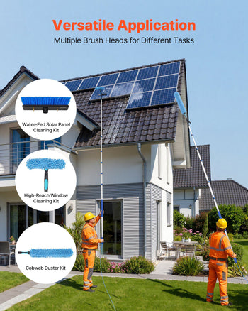 Solar Panel Cleaning Kit, 33 ft, Water Fed Pole Kit with Cleaning Brush, Soap Dispenser, Extendable Aluminum Telescopic Pole, 180° Rotatable Brush Head, for Roof Mounted Solar Panels, Windows