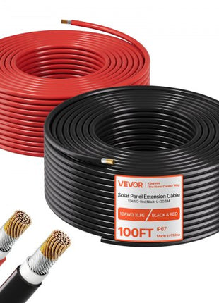Solar Panel Wire, 100 ft Black + 100 ft Red Kit, 10 AWG (6 mm²) Solar Panel Extension Cable, PV Tinned Copper Wire, for Outdoor Home Off-Grid Photovoltaic Systems Automotive RV Boat Marine, IP67