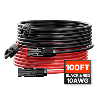 100FT Solar Panel Extension Cable, 10AWG Solar Extension Cable Wire with Female & Male Waterproof Connectors, 6mm² PV Cable for Home, Ship and RV Solar Panels, 100FT Black + 100FT Red (Set of 2)