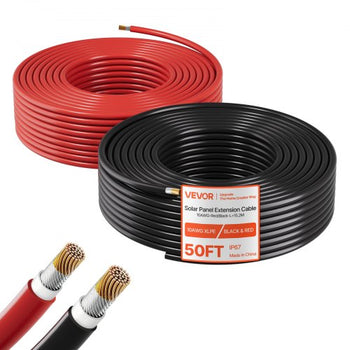 Solar Panel Wire, 50 ft Black + 50 ft Red Kit, 10 AWG (6 mm²) Solar Panel Extension Cable, PV Tinned Copper Wire, for Outdoor Home Off-Grid Photovoltaic Systems Automotive RV Boat Marine, IP67