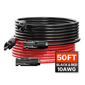 50FT Solar Panel Extension Cable, 10AWG Solar Extension Cable Wire with Female & Male Waterproof Connectors, 6mm² PV Cable for Home, Ship and RV Solar Panels, 50FT Black + 50FT Red (Set of 2)