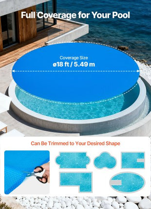 Solar Pool Cover, 18 ft Round Pool Bubble Cover, 12 Mil Pools Solar Blanket with Bubble & PE Material, Daytime Heat Absorption, Nighttime Heat Retention, Heat Retaining Solars Covers, Blue