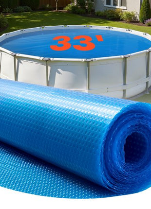Solar Pool Cover, 33 ft Round Pool Bubble Cover, 8 Mil Pools Solar Blanket with Bubble & PE Material, Daytime Heat Absorption, Nighttime Heat Retention, Heat Retaining Solars Covers, Blue
