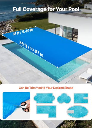 Solar Pool Cover, 36 x 18 ft Rectangle Pool Bubble Cover, 8 Mil Pools Solar Blanket with Bubble & PE Material, Daytime Heat Absorption, Nighttime Heat Retention, Heat Retaining Solars Covers, Blue