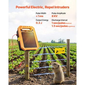 Solar Fence Charger,  0.3J 8 kV Solar Powered Fence Charger, 1.86 Miles Range, Weather-Resistant Electric Fence Energizer Kit, 7 Days Runtime, for Livestock, Poultry, Garden Protection