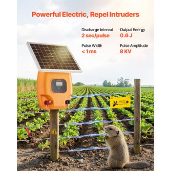 Solar Fence Charger,  0.6J 8kV Solar Powered Fence Charger, 1.86 Miles Range, Electric Fence Energizer Kit, Keep Out Predators, 4-5 Days Runtime, for Livestock, Poultry, Garden Protection