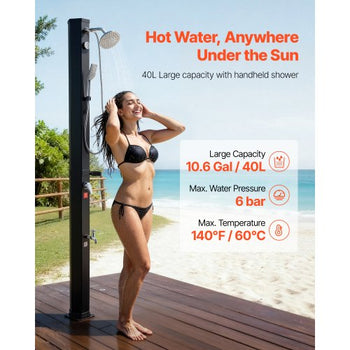 10.6 Gal Solar Heated Shower, 6.7ft Showerhead Height Outdoor Shower, with Handheld & Foot Faucet, Hot & Cold Water Adjustment, Freestanding for Backyard Poolside Beach Pool, Black