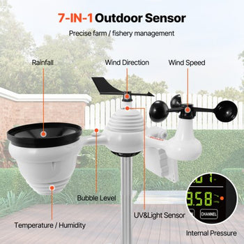 7-in-1 Wi-Fi Weather Station, 7.5 in Color Display, Home Weather Station Indoor Outdoor, with Solar Wireless Outdoor Sensor  Alarm Alerts, for Temperature Humidity Wind Speed/Direction Rain