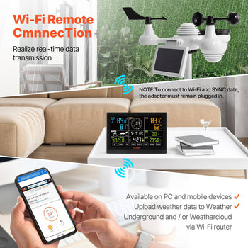 Wi-Fi remote weather station with wireless sensor, digital display, and stylish white design for real-time data monitoring.