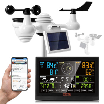 VEVOR wireless weather station, white sensor with solar panel, digital display for temperature, humidity, and wind data.