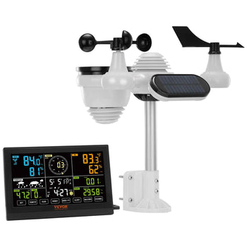 White wireless weather station with multi-color LCD display, featuring temperature, humidity, and wind speed measurements.