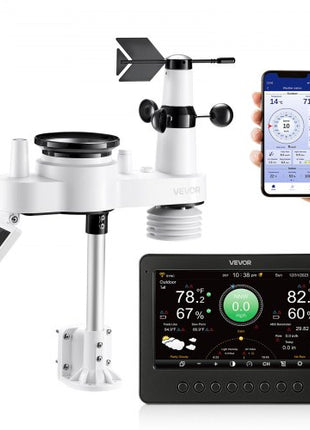 7-in-1 Wi-Fi Weather Station, 7-Inch TFT Display, Wireless Solar Powered Outdoor Sensor, Rain Gauge, Indoor Outdoor for Weather Forecast, Wind Speed Direction, Temperature, Humidity, Rainfall