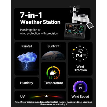 7-in-1 Wireless Weather Station, 7.5-Inch VA Display, Solar Powered Outdoor Sensor, Rain Gauge, Indoor Outdoor for Weather Forecast, Temperature, Humidity, Wind Speed and Direction (No WiFi)