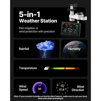 5-in-1 Wireless Weather Station, 7.5-Inch VA Display, Solar Powered Outdoor Sensor, Rain Gauge, Indoor Outdoor for Weather Forecast, Temperature, Humidity, Wind Speed and Direction (No WiFi)