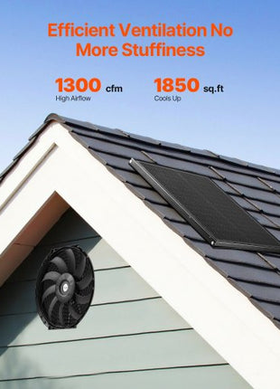 Gable Mount Fan, 12 Inch Solar Power Attic Exhaust Fan with Adjustable Thermostat & Outer Mesh, 1300 CFM House Ventilator Cools Up to 1850 Sq.Ft, Quiet Ventilation for Roof, Garage, Shop, Black