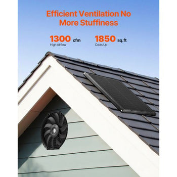 Gable Mount Fan, 12 Inch Solar Power Attic Exhaust Fan with Adjustable Thermostat & Outer Mesh, 1300 CFM House Ventilator Cools Up to 1850 Sq.Ft, Quiet Ventilation for Roof, Garage, Shop, Black
