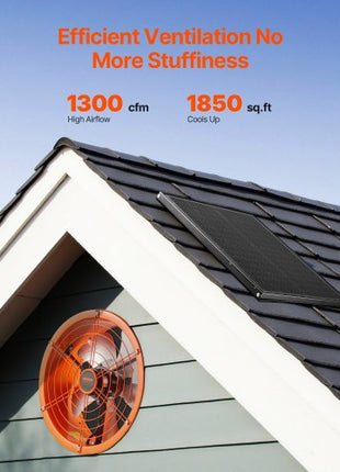 Gable Mount Fan, 14 Inch Solar Power Attic Exhaust Fan with Adjustable Thermostat & Outer Mesh, 1300 CFM House Ventilator Cool Upto 1850 Sq.Ft, Quiet Ventilation for Roof, Garage, Shop, Black