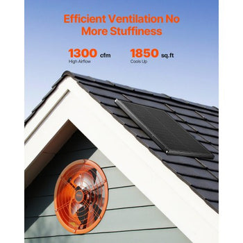 Gable Mount Fan, 14 Inch Solar Power Attic Exhaust Fan with Adjustable Thermostat & Outer Mesh, 1300 CFM House Ventilator Cool Upto 1850 Sq.Ft, Quiet Ventilation for Roof, Garage, Shop, Black