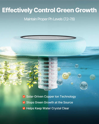 Solar Pool Ionizer, Hexagon Copper Pool Ionizer Up to 45000 Gal, Floating Automatic Water Cleaner and Purifier, Chlorine Free Water, with Copper Anode, Spring, Brush and Filter for Pools & Spas