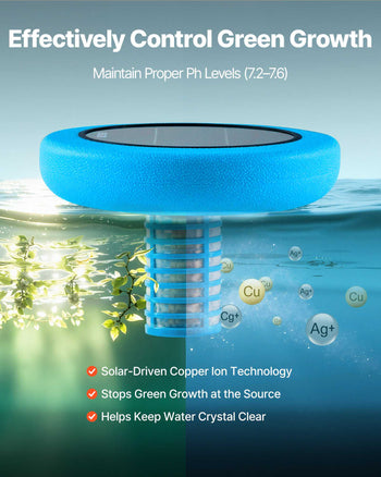 Solar Pool Ionizer, Round Copper Pool Ionizer Up to 45000 Gal, Floating Automatic Water Cleaner and Purifier, Chlorine Free Water, with Copper Anode, Spring, Brush and Filter for Pools & Spas