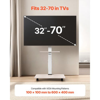 Rolling TV Stand, Mobile TV Cart for 32-70 Inch Screens, 25° Left-Right Rotation and Height Adjustable TV Mount with Tray, Holds up to 88 lbs for Corner, Bedroom, Outdoor, Max VESA 600x400mm