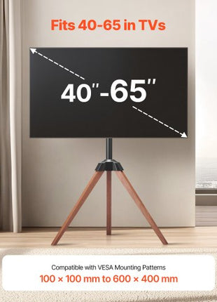 Tripod Easel TV Stand, for 40-65 inch Flat Screen/Curved TVs Up to 99 lbs, 18° Left-Right Rotation Portable TV Stand with Oak Wood Legs, for Bedroom, Living Room, Studio, MAX VESA 600 x 400 mm