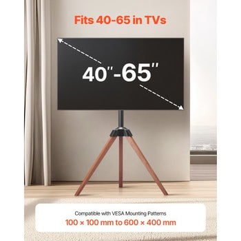 Tripod Easel TV Stand, for 40-65 inch Flat Screen/Curved TVs Up to 99 lbs, 18° Left-Right Rotation Portable TV Stand with Oak Wood Legs, for Bedroom, Living Room, Studio, MAX VESA 600 x 400 mm