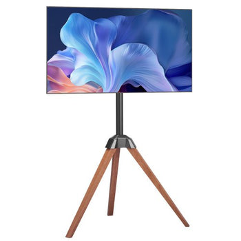 Tripod Easel TV Stand, for 40-65 inch Flat Screen/Curved TVs Up to 99 lbs, 18° Left-Right Rotation Portable TV Stand with Oak Wood Legs, for Bedroom, Living Room, Studio, MAX VESA 600 x 400 mm