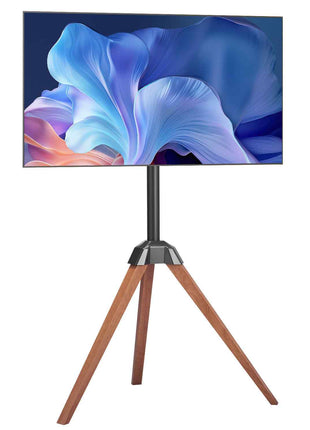Tripod Easel TV Stand, for 40-65 inch Flat Screen/Curved TVs Up to 99 lbs, 18° Left-Right Rotation Portable TV Stand with Oak Wood Legs, for Bedroom, Living Room, Studio, MAX VESA 600 x 400 mm