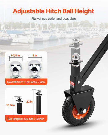 Trailer Dolly, 300lbs Tongue Weight Capacity, 16.5 inch and 22 inch Height Adjustable Trailer Dolly, with 1-7/8 inch and 2 inch Balls, 8.5 inch Pneumatic Rubber Tire, for Moving RV Trailer