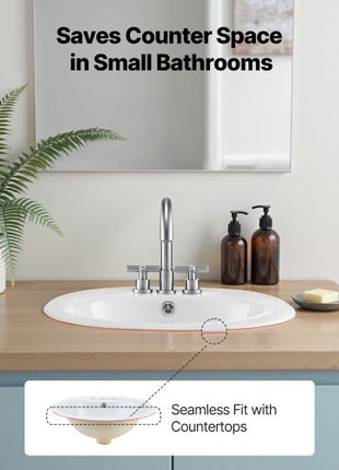 Semi Recessed Bathroom Sink, 19.09 x 16.73 Inch Oval White Ceramic Vessel Sink with Overflow Hole and 3 Faucet Holes, Drop in Modern Lavatory Vanity Bath Wash Bowl Basin, Ideal for Small Spaces